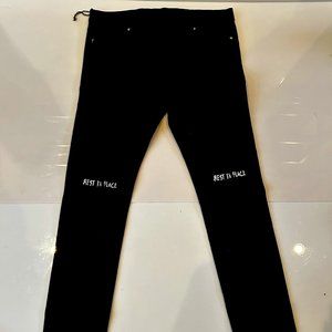 RTA MENS JEANS SIZE 36 BLACK,  "REST IN PEACE", SLIT KNEES, WORN ONCE